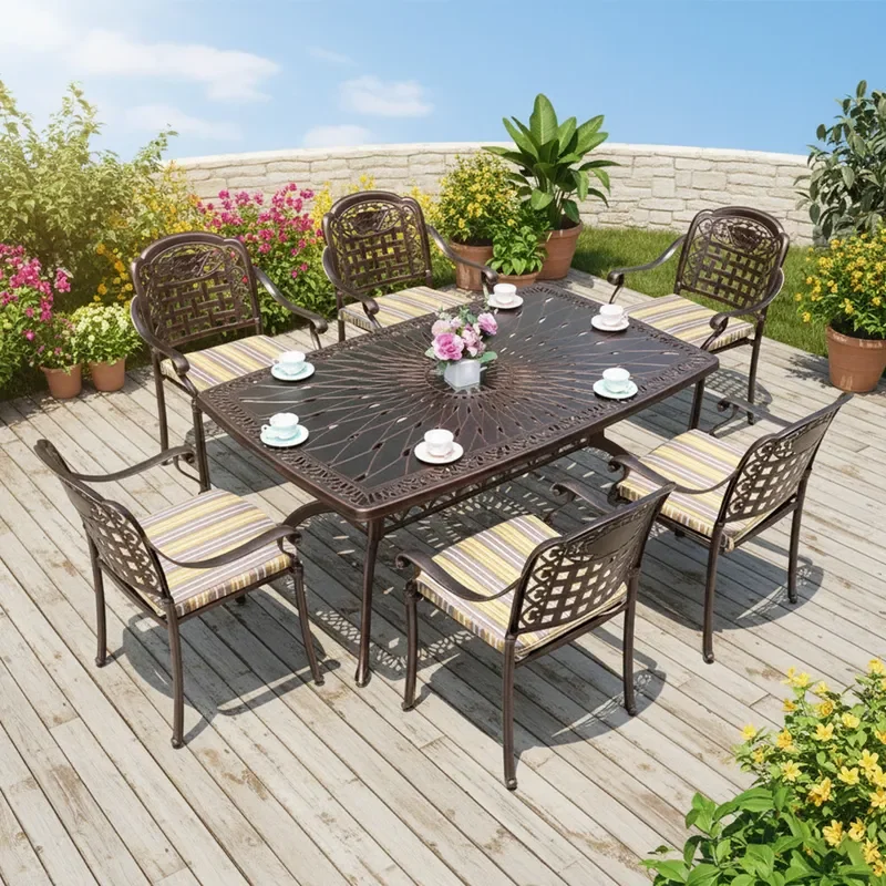for European Outdoor Aluminum Alloy Large Table Cast Aluminum Table and Chair Bench Wrought Iron Dining Chair Combination
