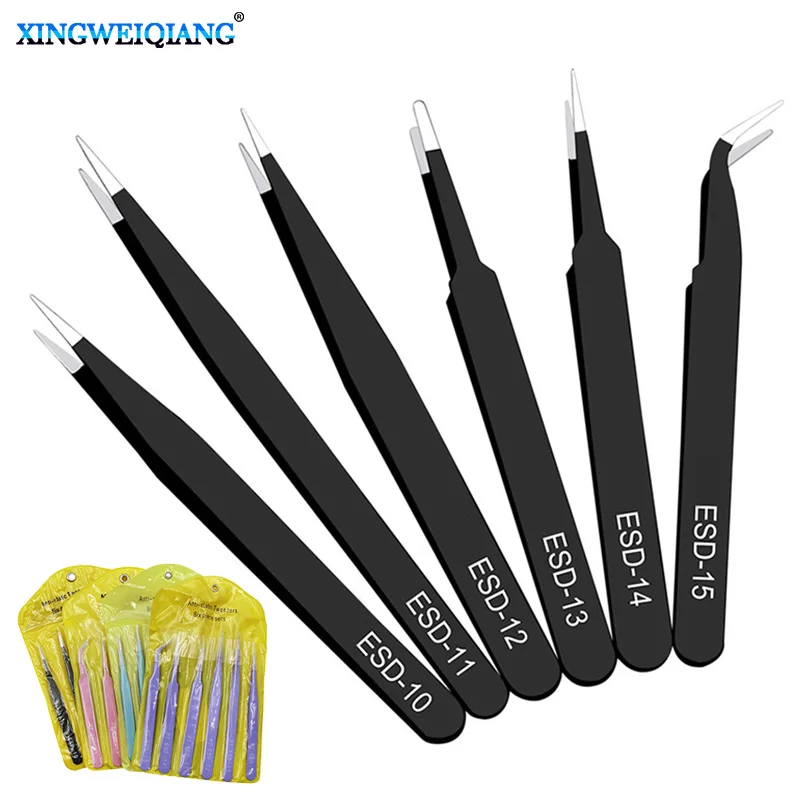 6PCs ESD Anti-Static Pinças De Aço Inoxidável Manutenção De Precisão Reparação Industrial Ferramenta Curvo Casa Trabalhando Modelo Fazendo Mão