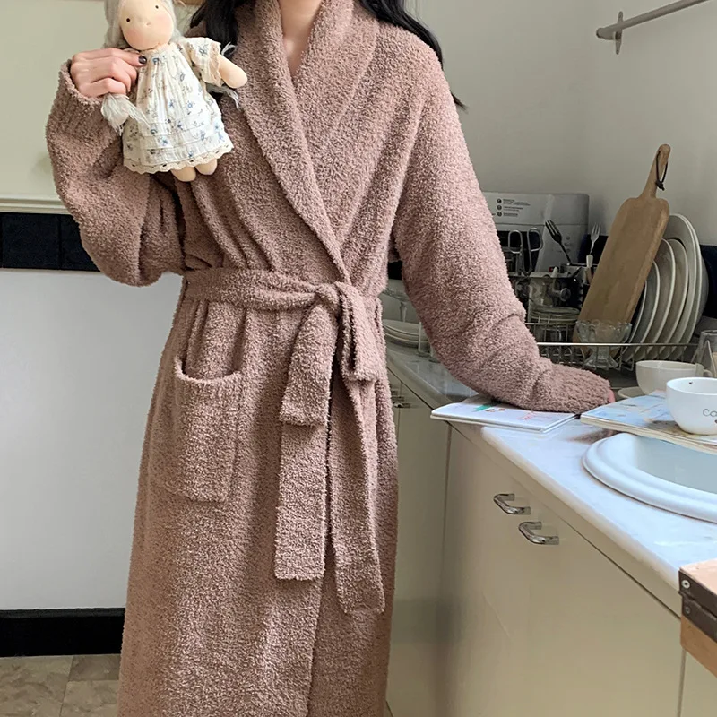 Soft Coral Fleece Striped Open Cardigan Belted Long Sleeve Cute Robe Loose Sleepwear Home Clothes for Women Youth All Seasons