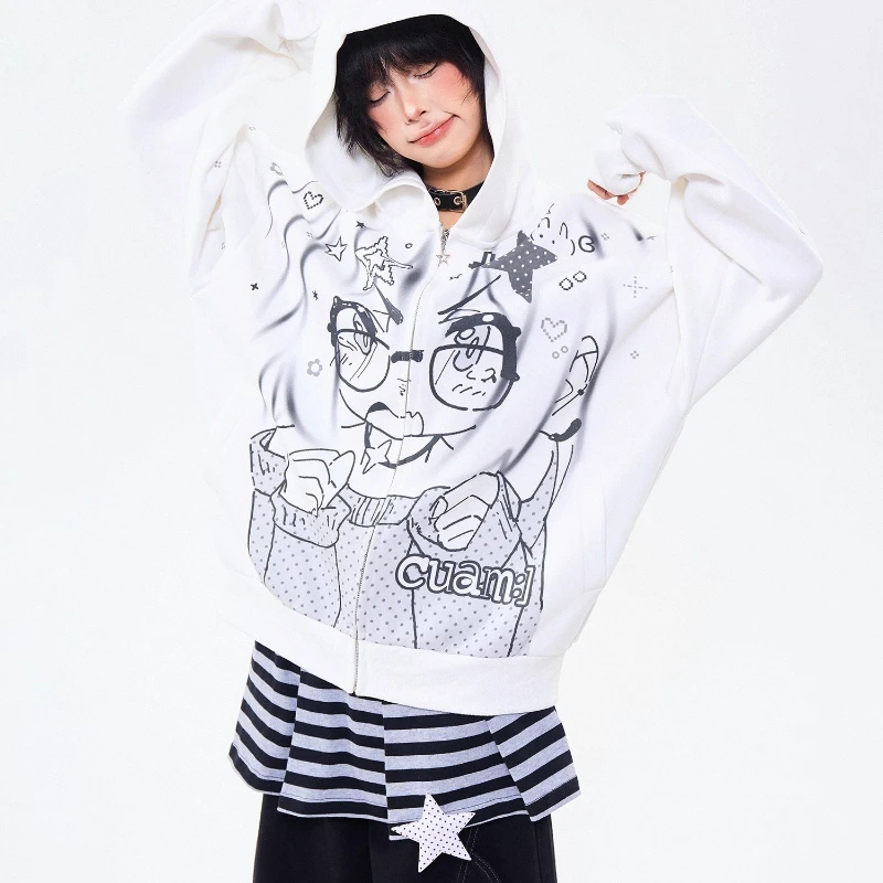 American Retro Y2K Cartoon Anime Hooded Women's Sweatshirt Spring Autumn New Loose Casual Versatile Zipper Cardigan Coat Ladies