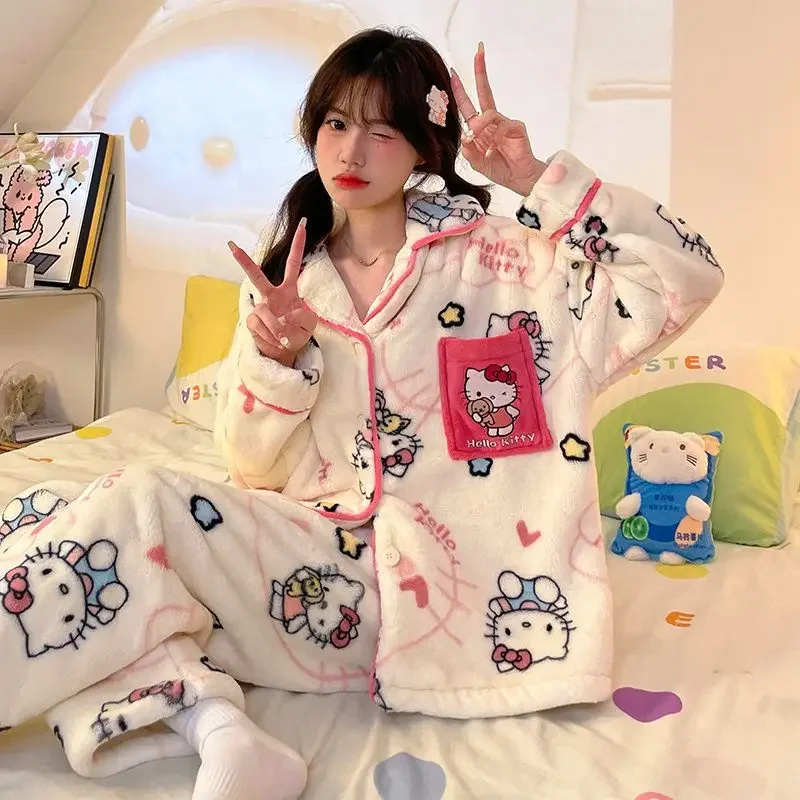 

Kawaii Hello Kittys женские коралловые бархатные пижамы зимние с длинными рукавами мультфильм бархатный утолщенный фланелевой комплект домашней одежды теплый сладкий
