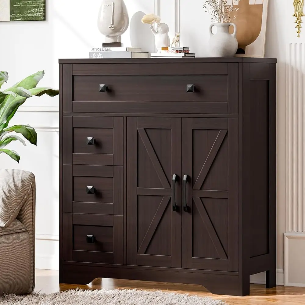 

Farmhouse Storage Cabinet With 2 Doors And 4 Drawers, Freestanding Bathroom Storage Cabinet Kitchen Pantry, Floor Cupboard For