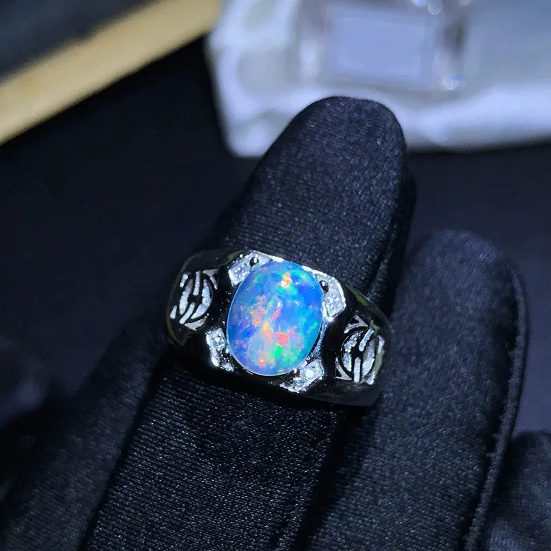 Men Fashion Silver Gemstone Ring 8mm*10mm 2.5ct Natural Opal Jewelry for Men 925 Silver Australia Opal Ring with Gold Plating