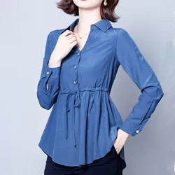 Spring Autumn Long Sleeve Polo-Neck Office Lady Waist Lacing Pullovers for Women Shirt Solid Color All-match Blouses Tops 2023