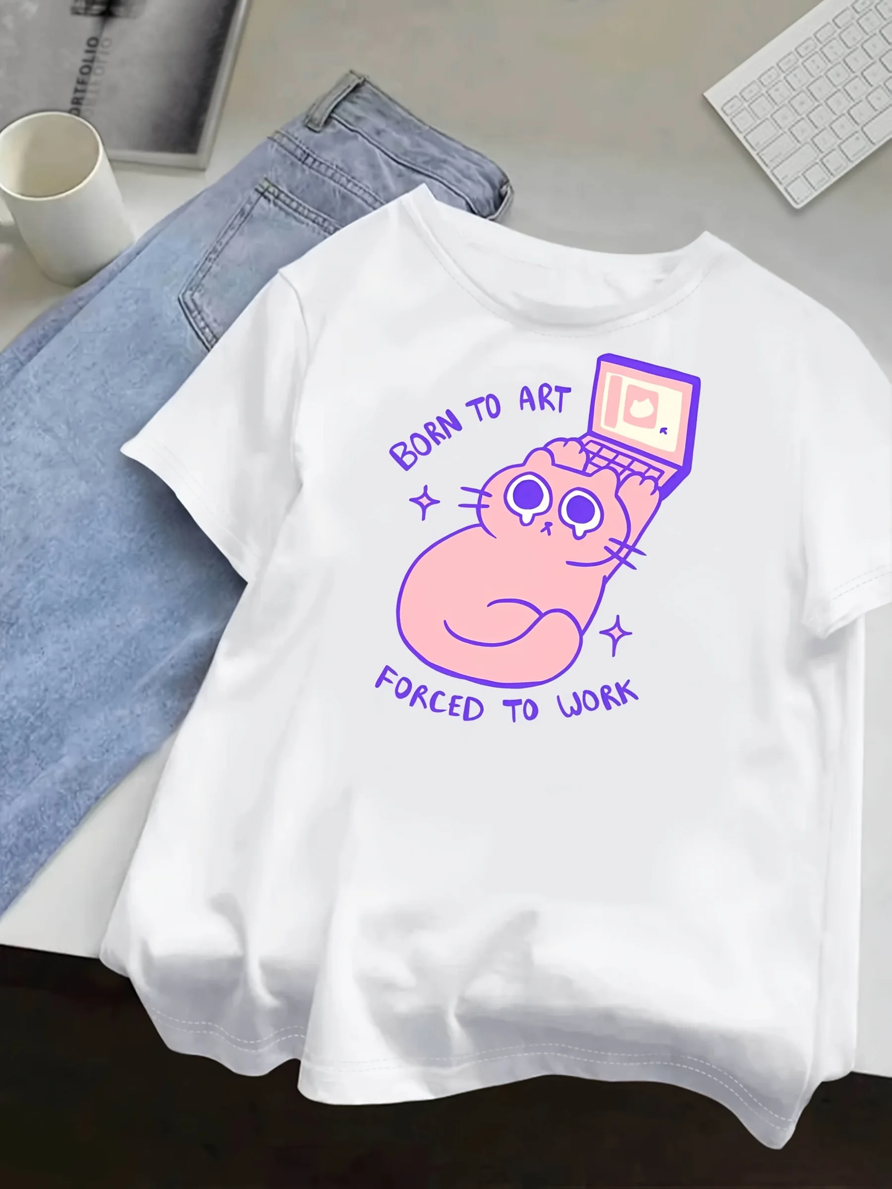 الكرتون البكاء القط طباعة موضة تي شيرت Crewneck عادية تي شيرتات قصيرة الاكمام الصيف Harajuku الشارع الشهير بلايز موضة تيز