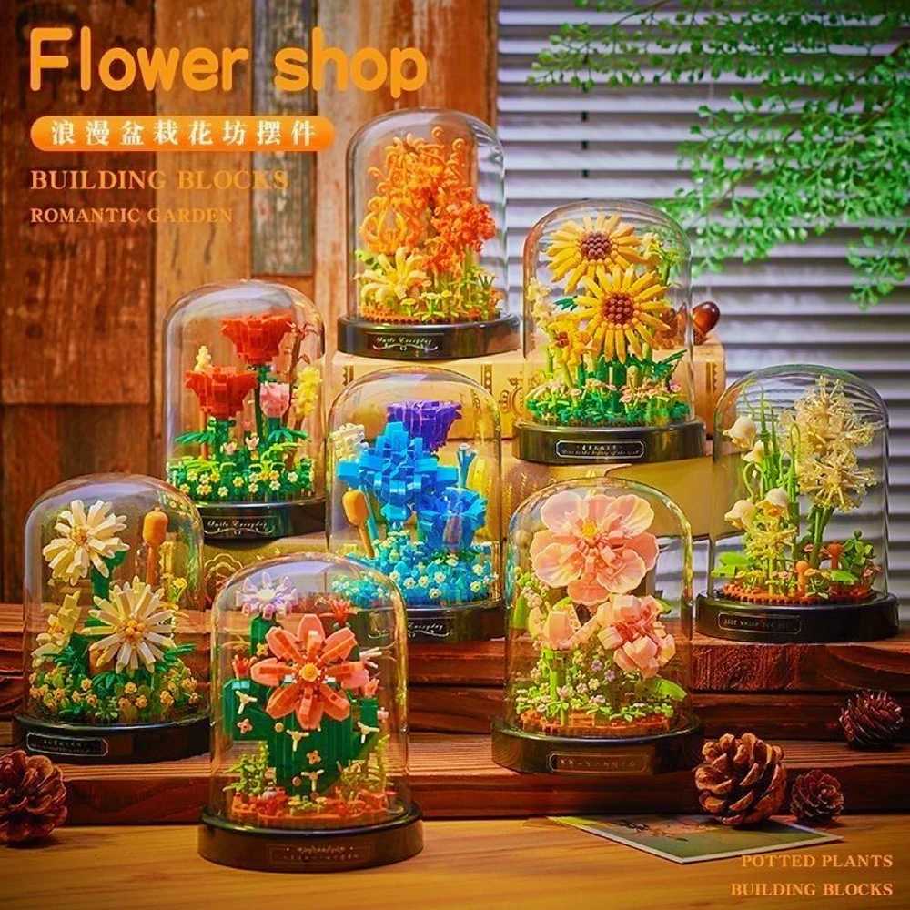 Flowers Rose Building Block Bouquet Kit DIY Flowers Toys Bonsai Tree Sets With Cover Botanical Collection Holiday Bricks Gifts