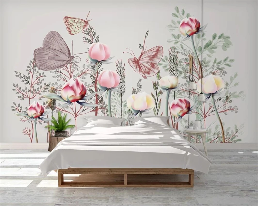 Custom photo 3D Self Adhesive wallpaper pink flower butterfly bedroom Living room sofa TV background wall restaurant study Hotel