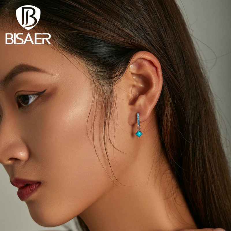 BISAER 925 Sterling Silver Ear Buckles Vintage Simple Turquoise Pendant Drop Earrings for Women Party Wedding Fine Jewelry