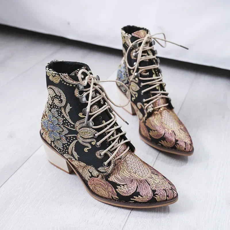 Ethnic Ladies Boots 2024 Spring Winter Embroidery Pointed-toe Platform Heels Ladies Fashion Ankle Boots for Women Botas De Mujer