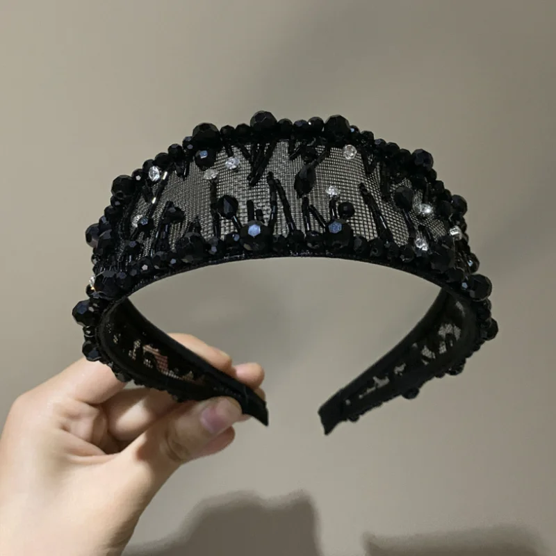 Black Crystal Diamond Hollow Hair Hoop Headband for Women Wide Edge Bride Hairbands Headwear Elegant Hair Clip Accessories