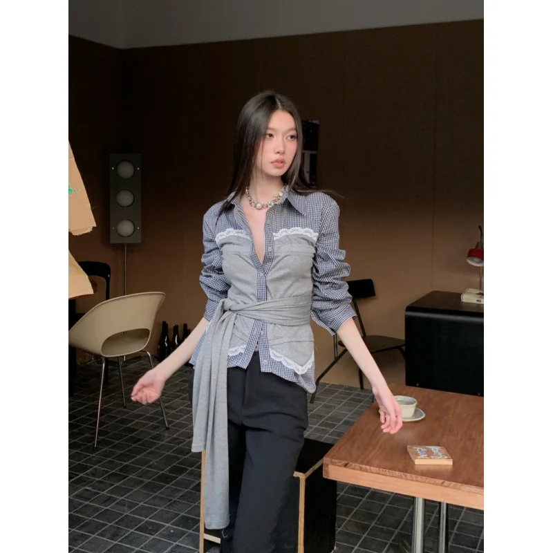 الرجعية Y2K منقوشة الدانتيل بألواح الرباط ضمادة رمادي قميص المتخصصة Preppy القمصان والبلوزات Harakuju الخريف الملابس النسائية الجديدة #2