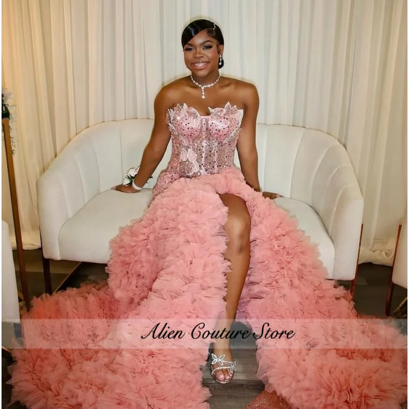 

Charming Prom Dress For Girl 2026 Pink Long Mermaid Split Ruffles Sequins Wedding Party Dresses Vestido De Festa Customized