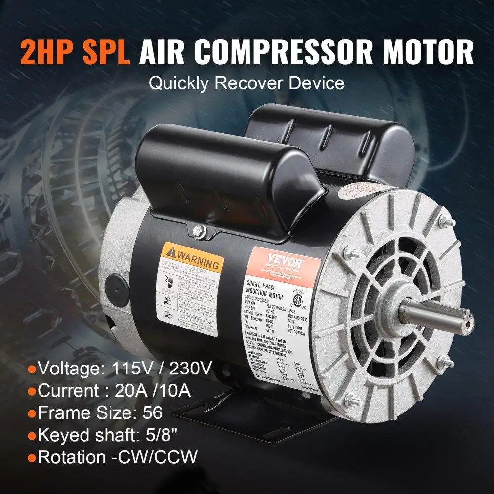 SPL Air Compressor Motor 115/230V 20/10A 3450RPM 56 Frame - CW/CCW Rotation for Reliable Performance