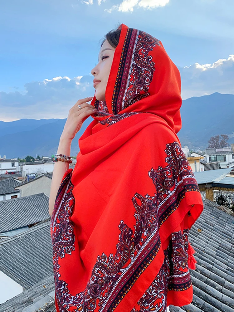 Syal pantai wanita, selendang pembungkus pantai elegan musim panas, Vintage, motif merah, tabir surya, Bandana Hijab panjang, syal Boho