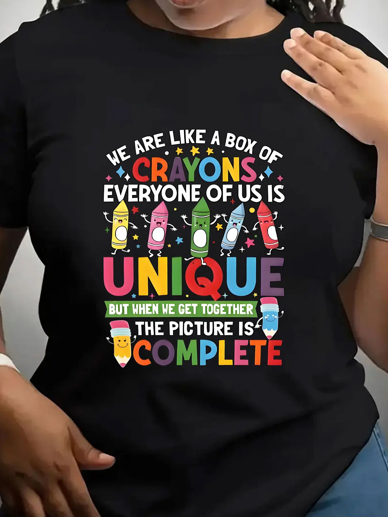 Women's Trendy Crew Neck T-Shirt We Are Like Crayons Unique Complete Suitable for Casual Sportswear