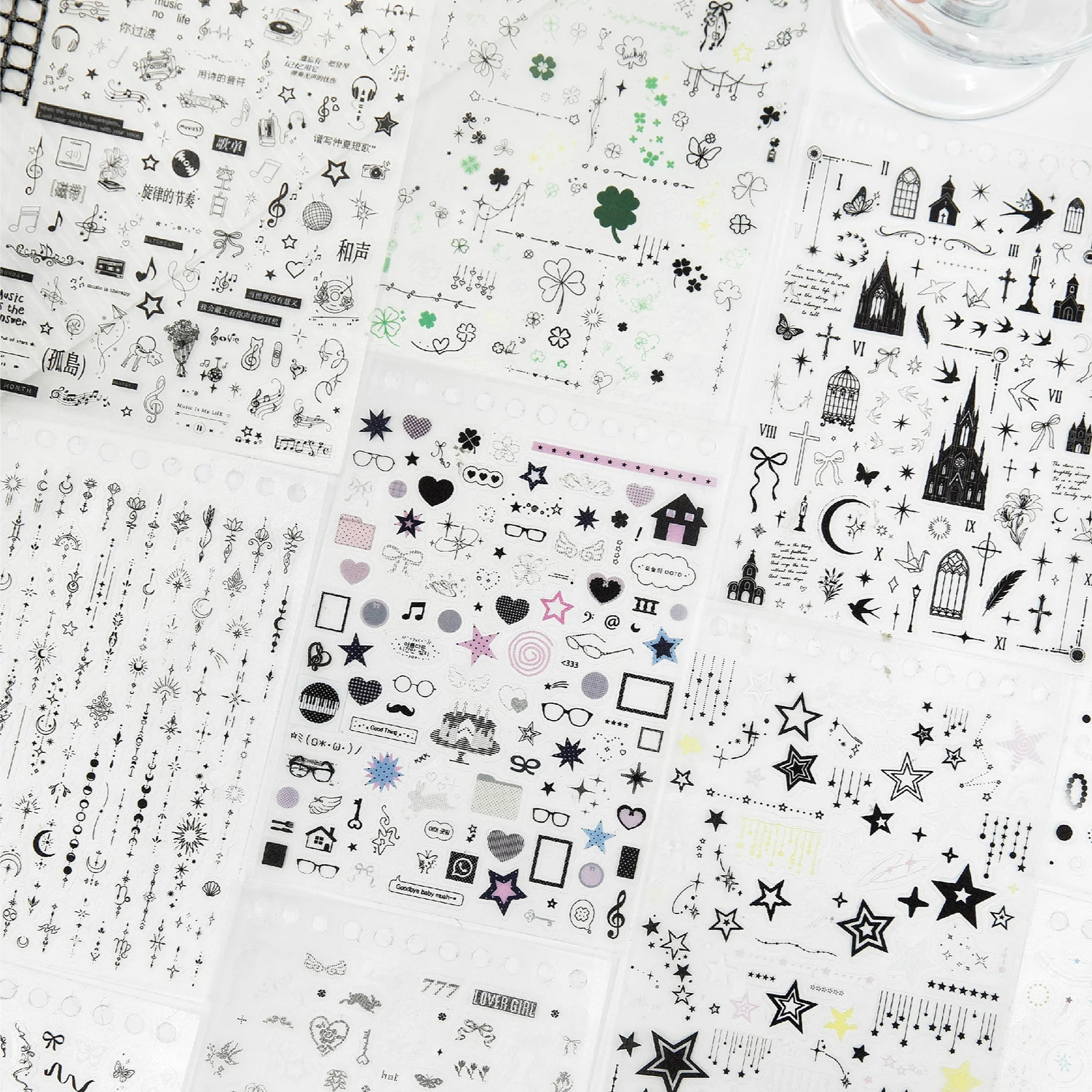 30Pcs Minimalist Star Clover PET Sticker Book, Black White Line Art Clear Decals for Journal Border Collage Decoration