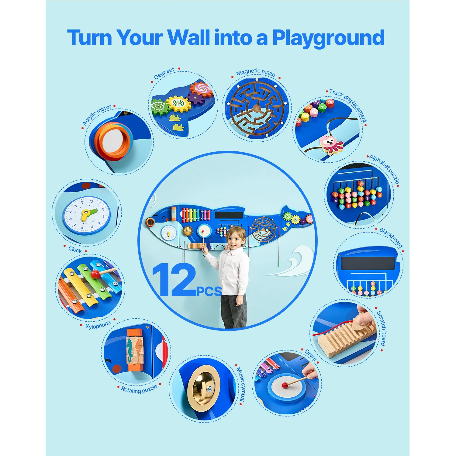VEVOR Orca Kids Wall Busy Board 12 أنشطة لوحات معلقة ألعاب تعلم مونتيسوري الحسية للأطفال الصغار من سن 3 إلى 12 سنة ألعاب اللعب