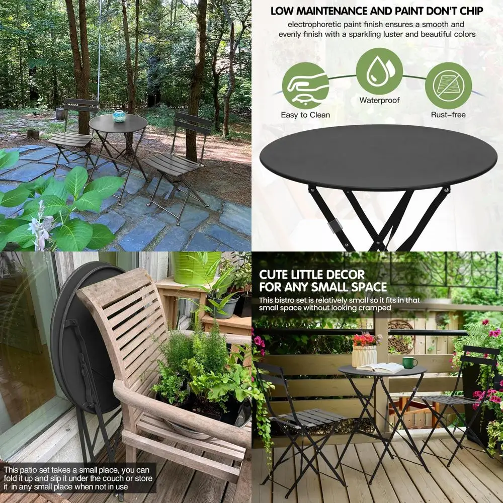 

Folding Wrought Iron Bistro Set Waterproof Anti-Rust Outdoor Cafe Table Chairs Set of 2 Durable Foldable for Patio Use