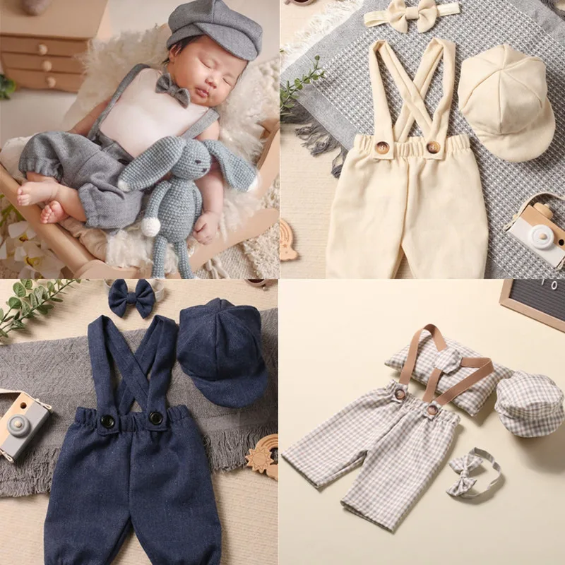 

Baby Boys Little Gentleman Plaid Suspender Pants+Beret Hat+Bow Tie Outfit Newborn Photography Props Photo Shooting Costumes