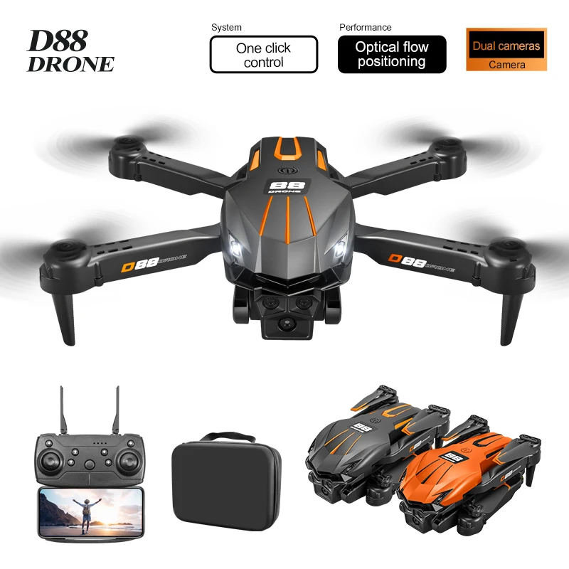 

D88 HD dual-camera aerial drone, one-key takeoff/landing, 360° flips, speed control, foldable design, USB charging, Wi-Fi