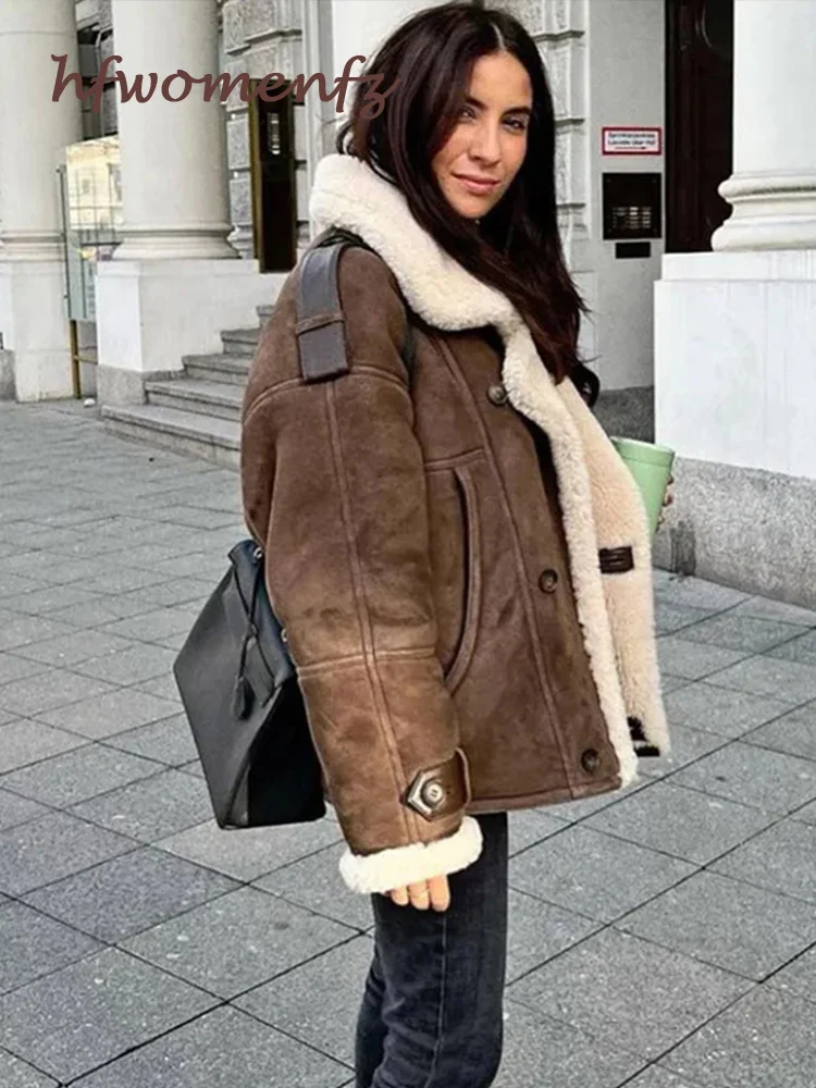 Fashion Thick Warm Faux Shearling Women's Jacket Loose Spliced Lapel Single Breasted Pockets Coat 2024 Winter New Lady Outwear