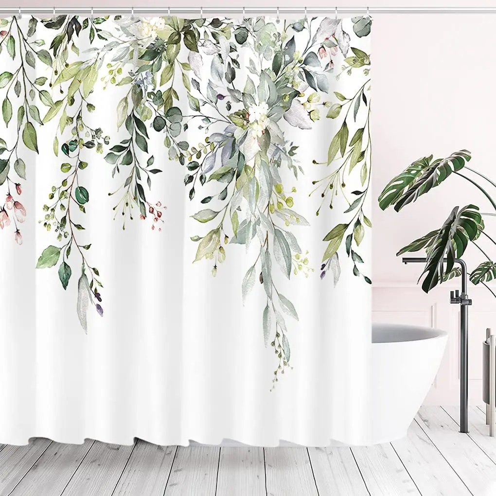 

Sunpretty Green Eucalyptus Watercolor Leaves Shower Curtain Washable Waterproof Fabric Floral Shower Curtain