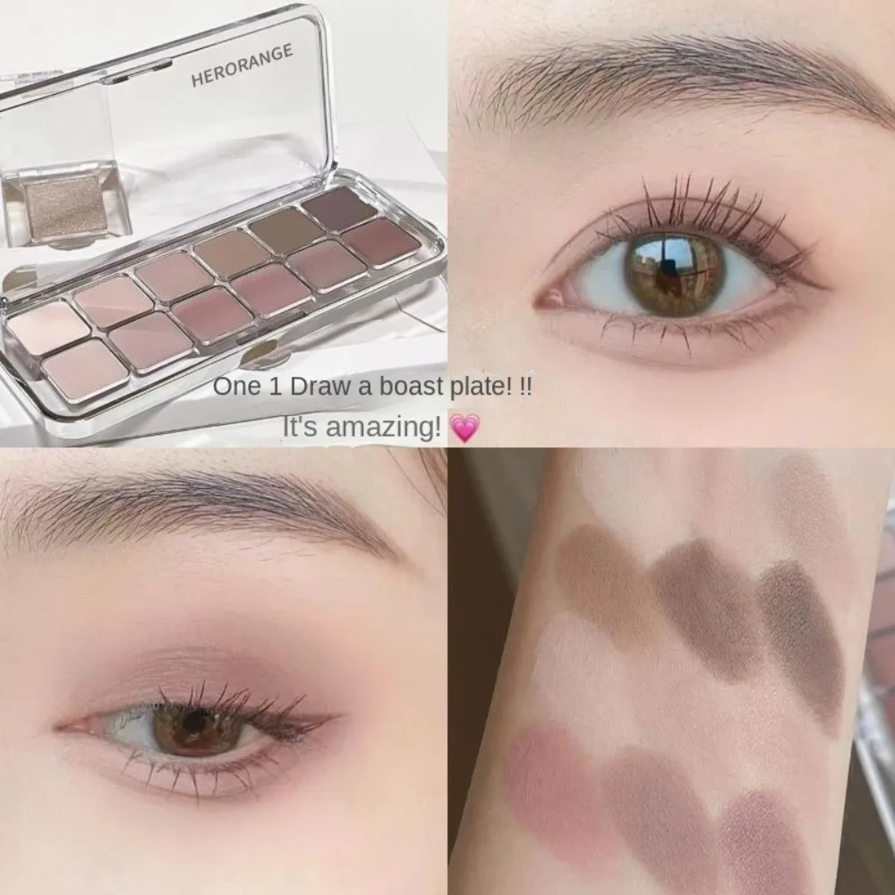 Earth Tones 12-Color Eyeshadow Palette Shiny Brown Korean-Style Eyeshadow Create High-Gloss Effect Pink