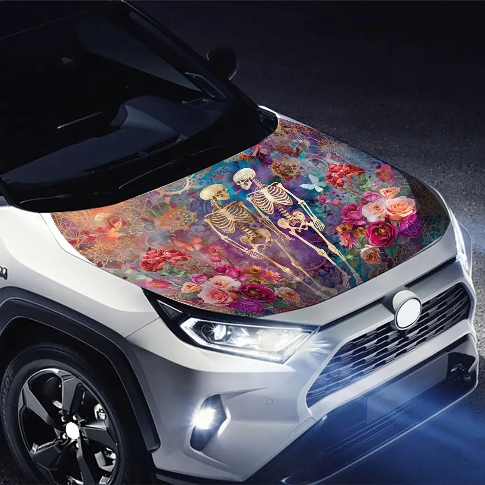 Crânio romântico: gráficos de companheiro floral e borboleta, envoltórios de vinil para carro, gráficos de capô de carro de vinil, temperamento artístico exclusivo para