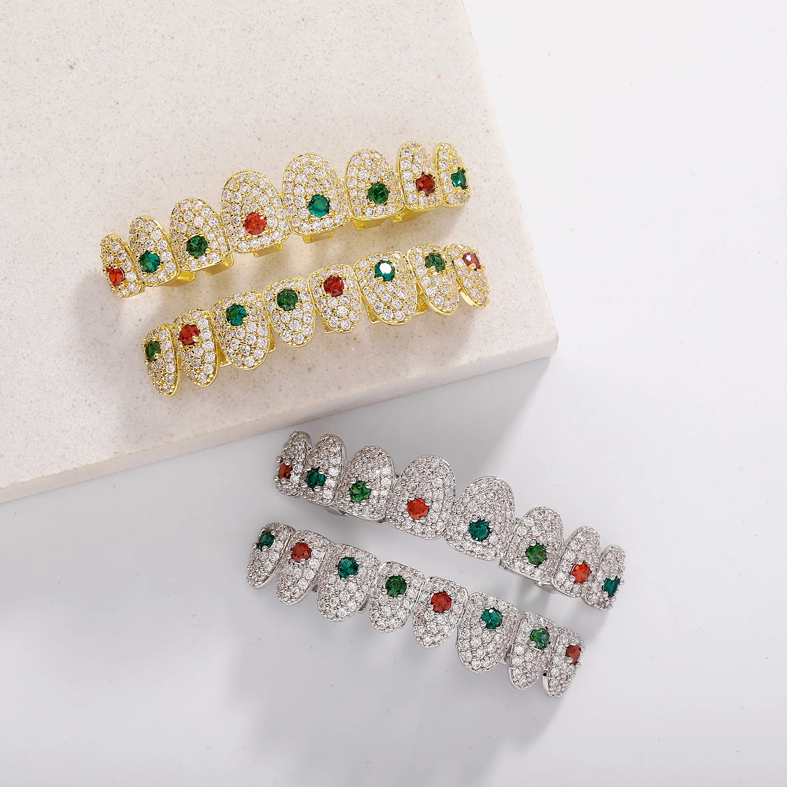 RACHELZ Hip Hop Full CZ Stone Teeth Grillz Gold Silver Color Red Green Zircon Crystal Tooth Caps For Women Men Halloween Gift