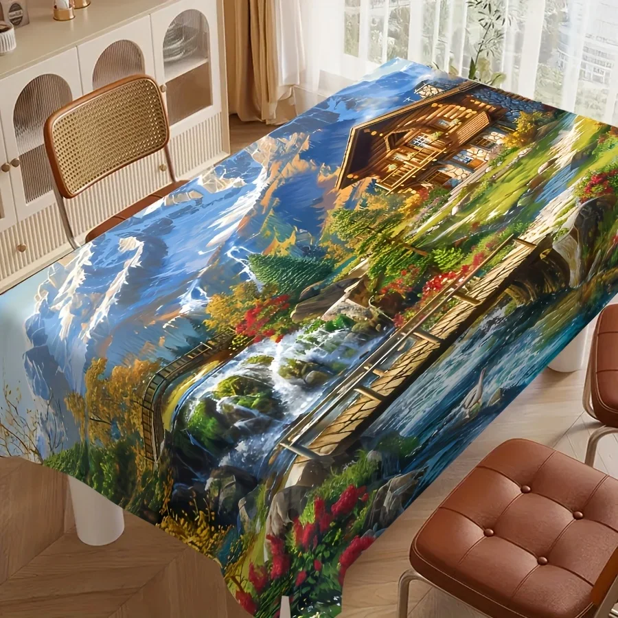 Farmhouse scenery pattern restaurant kitchen tablecloth at the foot of the mountains in Northern Europe