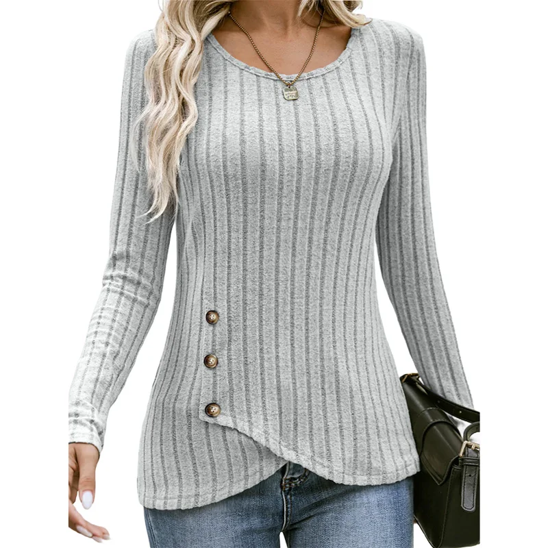 Casualowy sweter z okrągłym dekoltem i długim rękawem, zapinany na guziki, damski, jesienny, jednolity kolor, pulowerowy T-shirt — zdjęcie 2