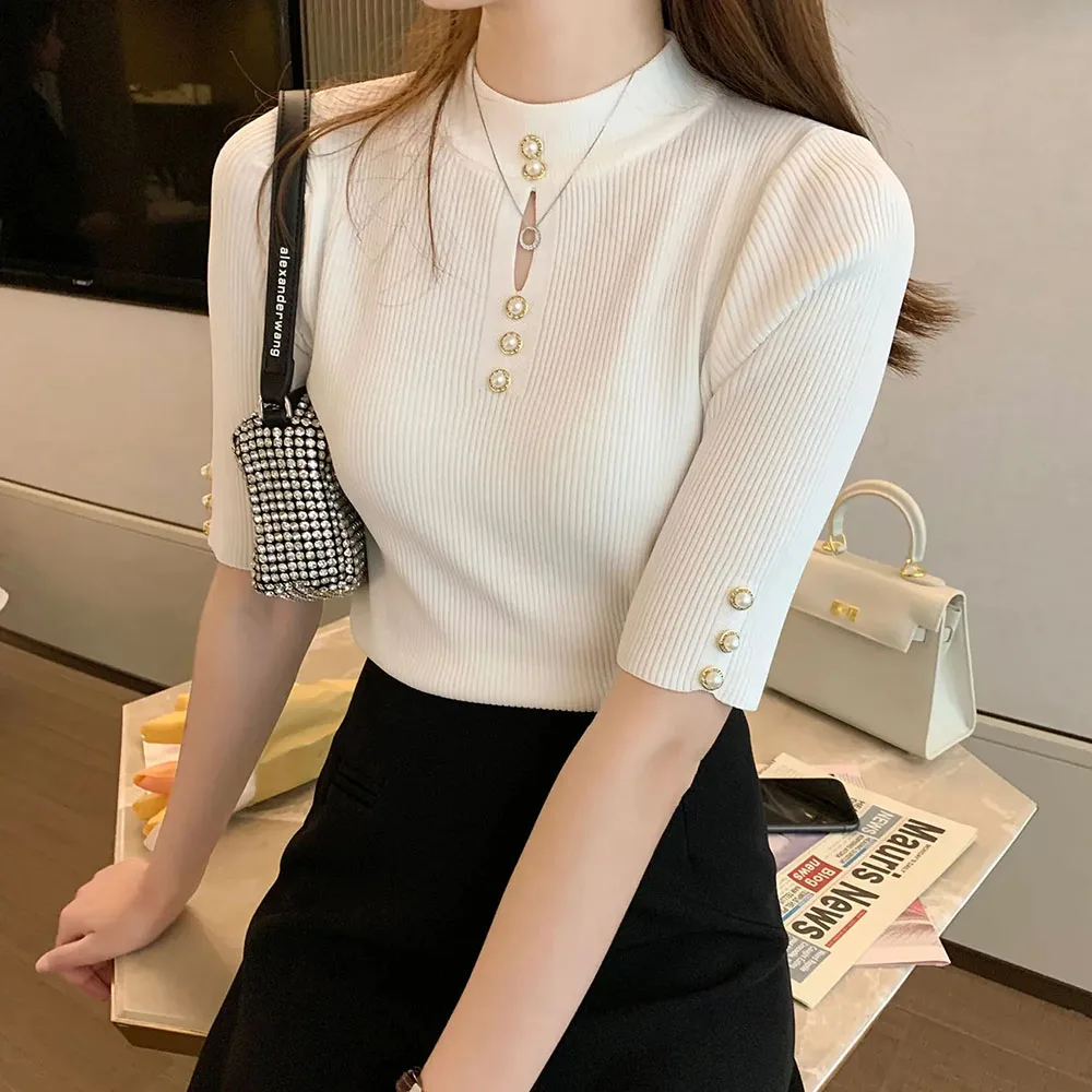 Korean Summer Ladies Elegant Knit Tees Women\'s 2023 New Bottoming Shirt Slim Temperament Ice Silk Short Sleeved T-shirt Tops