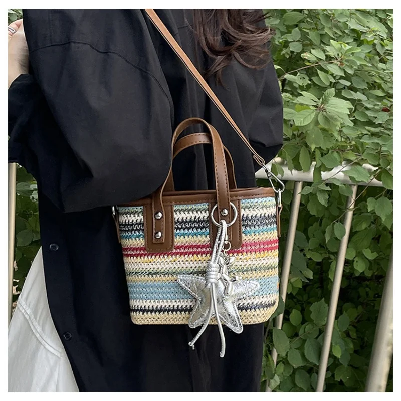 Boho Style Striped Woven Mini Tote Bag Women Retro Vacation Handbag Detachable Strap Crossbody Shoulder Bag view 5