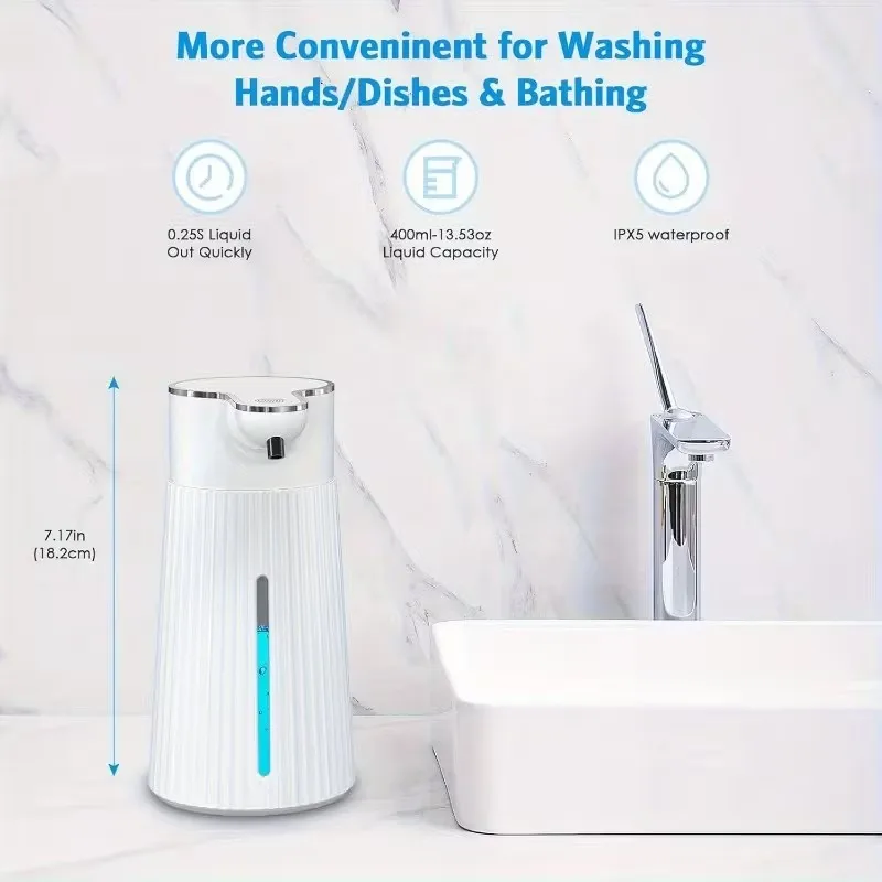 400ML Large Capacity Light Display 2-Levels Adjustable Foam/Liquid Modes Touchless Electric Automatic Smart Sense Soap Dispenser