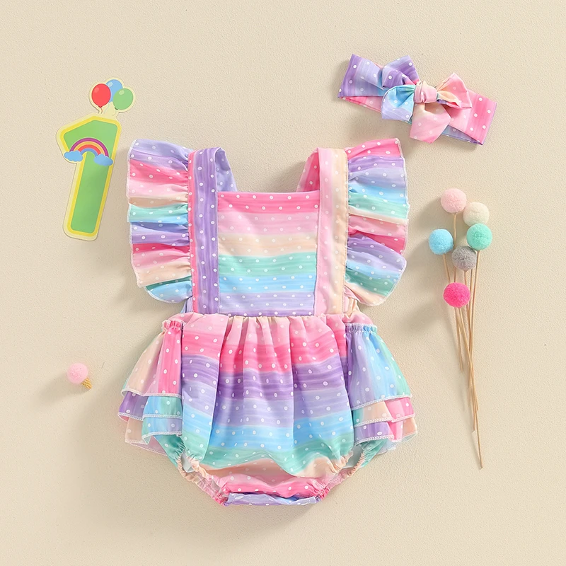 

Birthday Outfit Rainbow Romper Dress Baby Girl Ruffle Sleeve Bodysuit Square Neck Polka Dot Print Jumpsuit Headbands