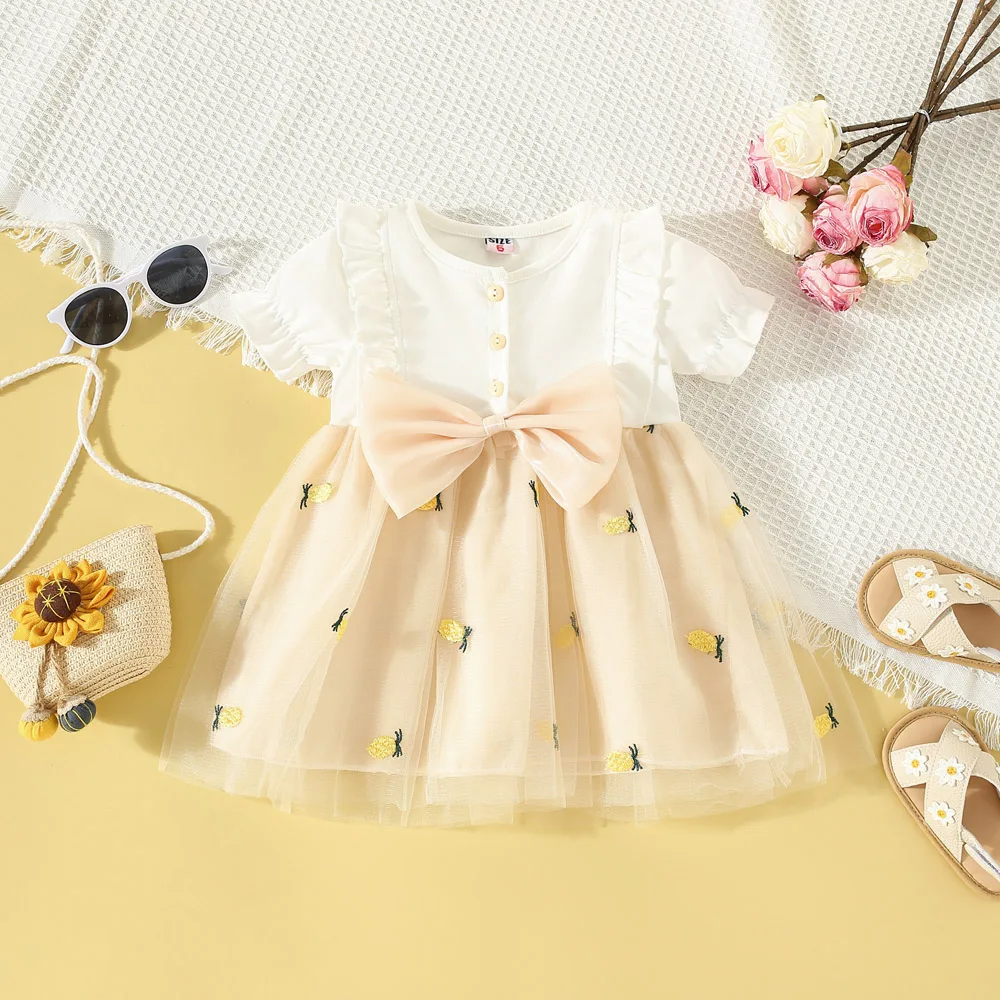 

Baby Dresses Summer Cotton Bow Mesh Flower Bubble Sleeve Baby Girl Dress Cartoon Cute Beach Princess Dress Baby Clothing