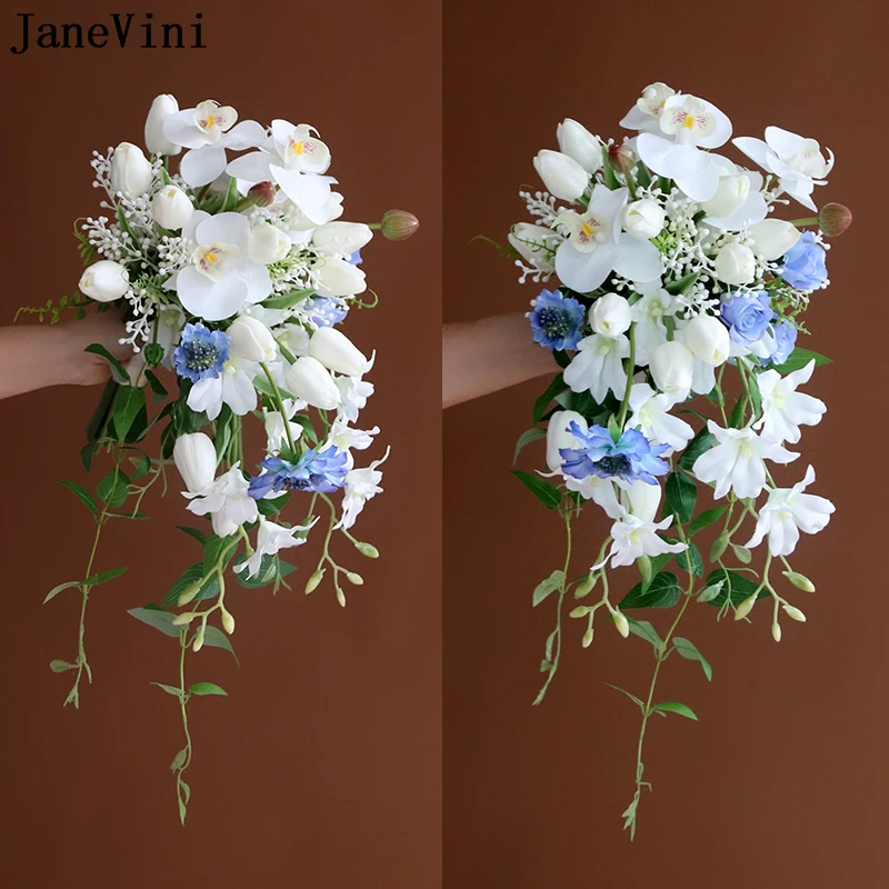 

JaneVini White Moth Orchid Cascade Bridal Bouquet Blue Silk Flowers Waterfall Wedding Bouquet for Bride Tulip Ramos Flores Boda