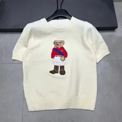 European Style Luxury Brand Loose O-Neck Bear Pullover Tops Knitwear Woman Short Sleeve T-shirt Ladies Wool Knitted Sweater