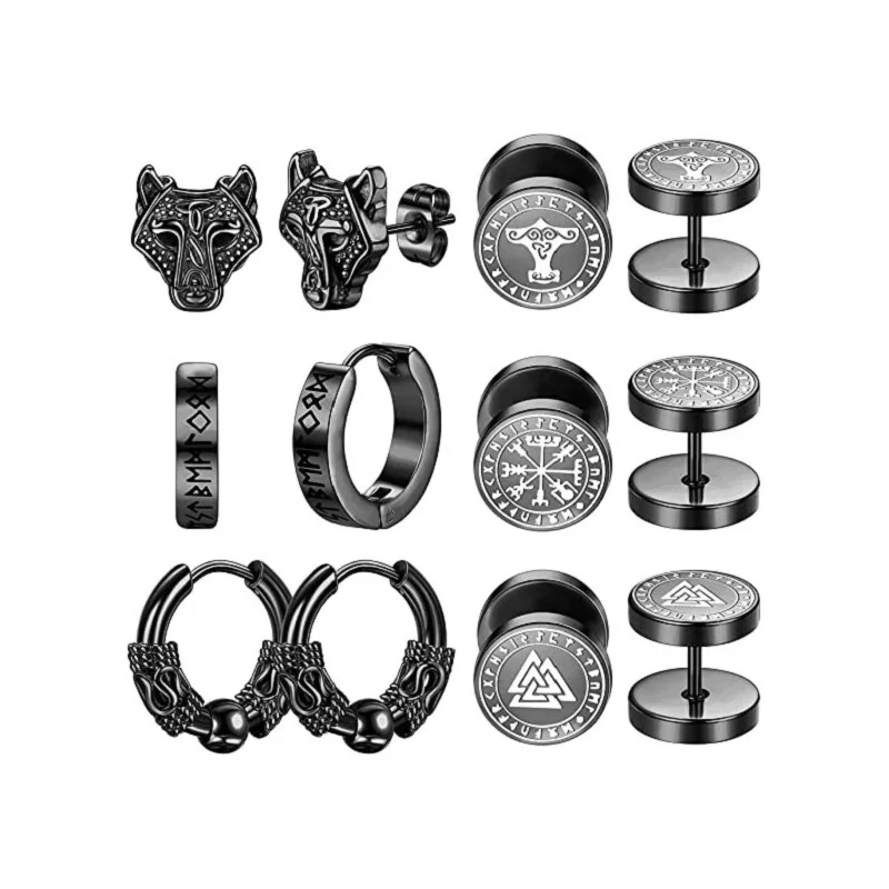 6 Pairs Norse Viking Earrings for Men Black Stainless Steel Rock Punk Vintage Huggie Hoop Earrings Gifts Jewelry