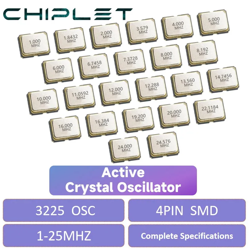 5pcs SMD 3225 Active Crystal Oscillator OSC 4Pin 1MHZ 2MHZ 4MHZ 5MHZ 6MHZ 8MHZ 12MHZ 16MHZ 20MHZ 24MHZ 3225 2.5*3.2 3.2X2.5MM