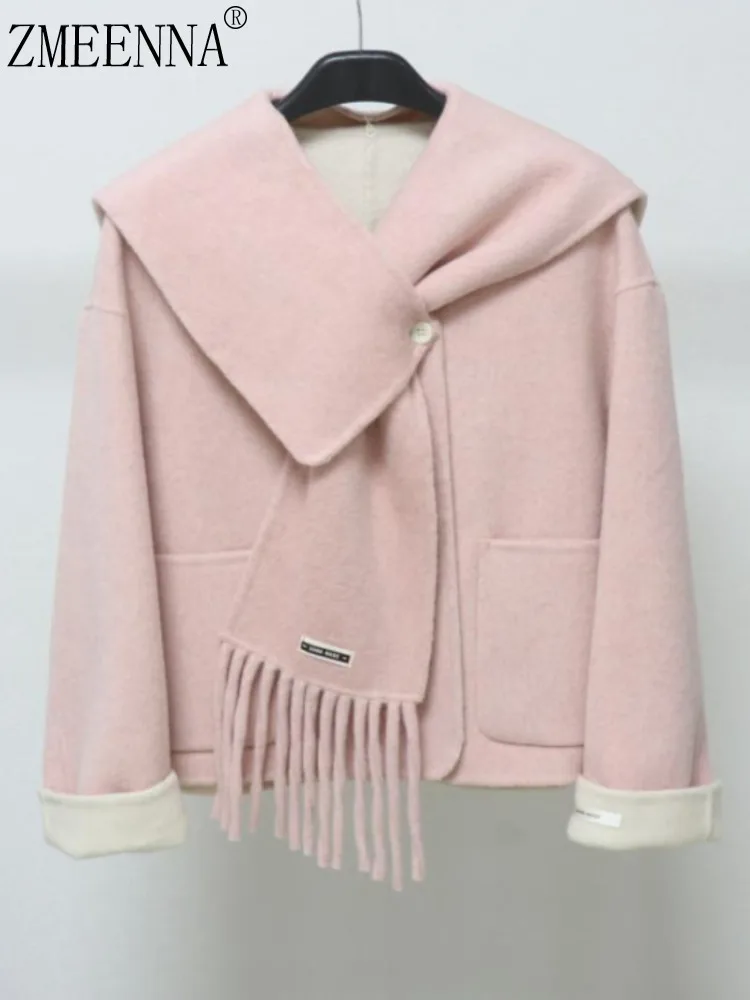 

ZMEENNA Elegant Women's Pink Wool Blend Short Coat With Detachable Fringe Scarf Stylish And Warm Outerwear ZM3873