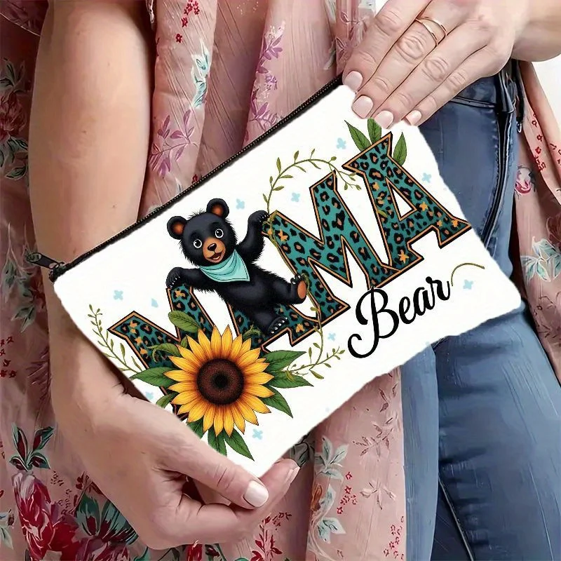 2D Flat Cute Mama Bear & Sunflower Leopard Print Cosmetic Bag- Portable Makeup Pouch Organizer for Women,