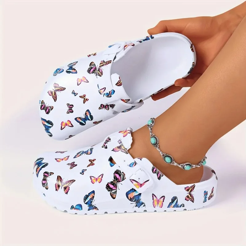 

Women's Fashion EVA Clogs Butterfly Print Summer Lightweight Flat Soft Sole Adjustable Buckle Beach Garden Shoes