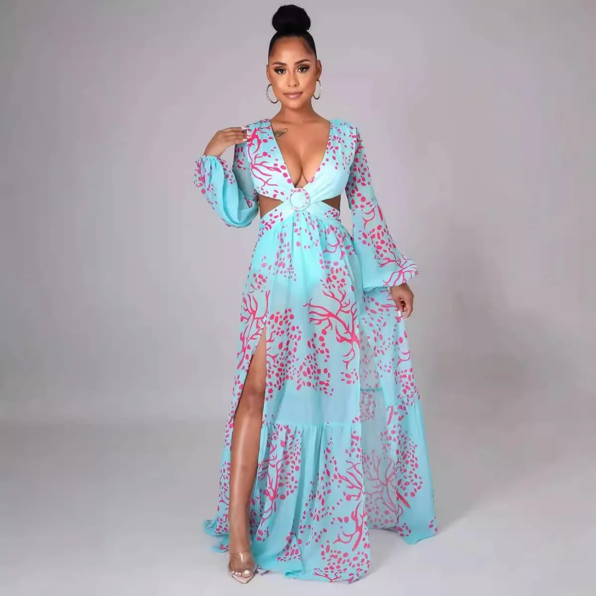 European and American fashion sexy printed lantern long sleeved V-neck slit dress