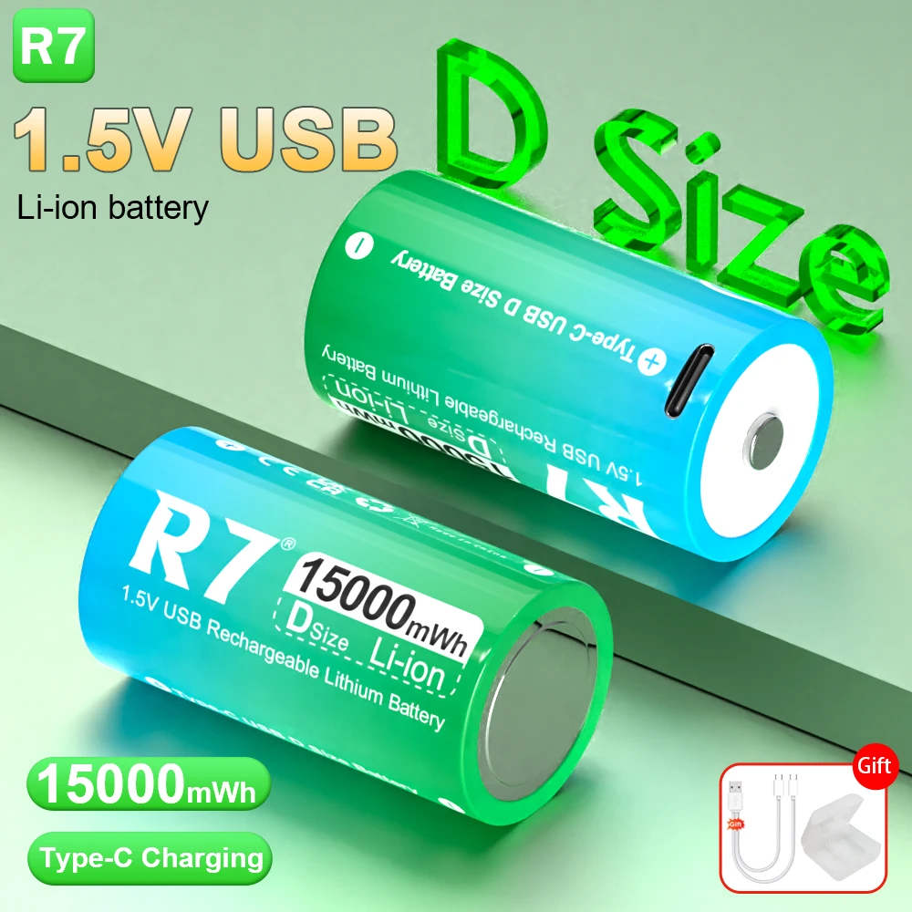 

R7 D Size Rechargeable Lithium battery 1.5V USB Charging R20 LR20 Li-ion batteries With USB For Gas stove flashlight Water