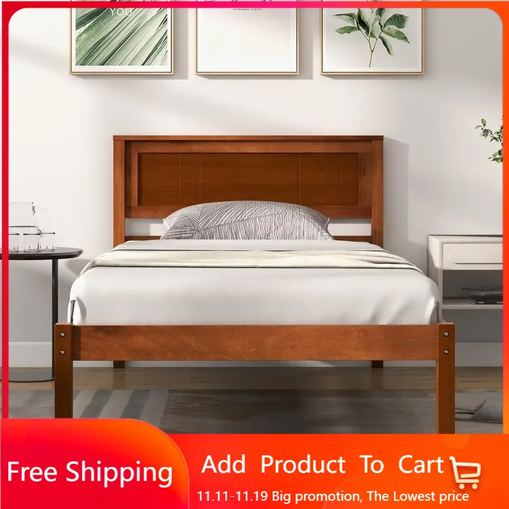 Twin Frames with Headboard, Solid Wood Platform Bed with Wood Slat Support, Single with 16