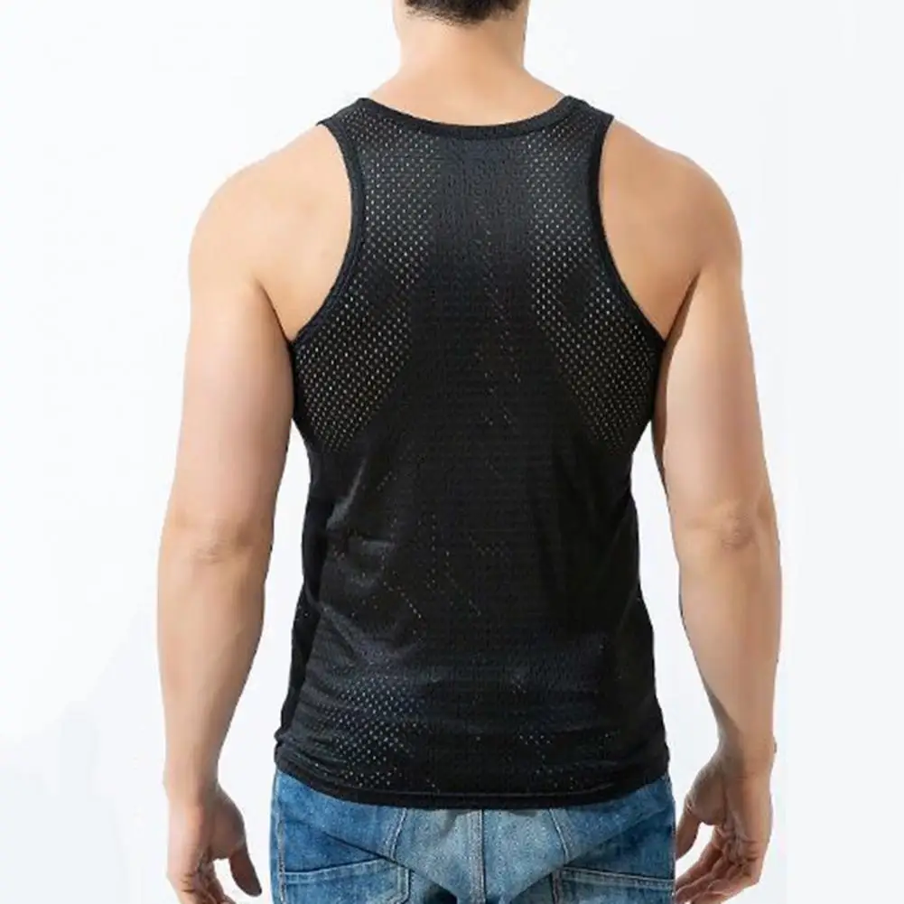 Men Tank Top Solid Color O Neck Hollow Out Breathable Summer Top Male Clothes