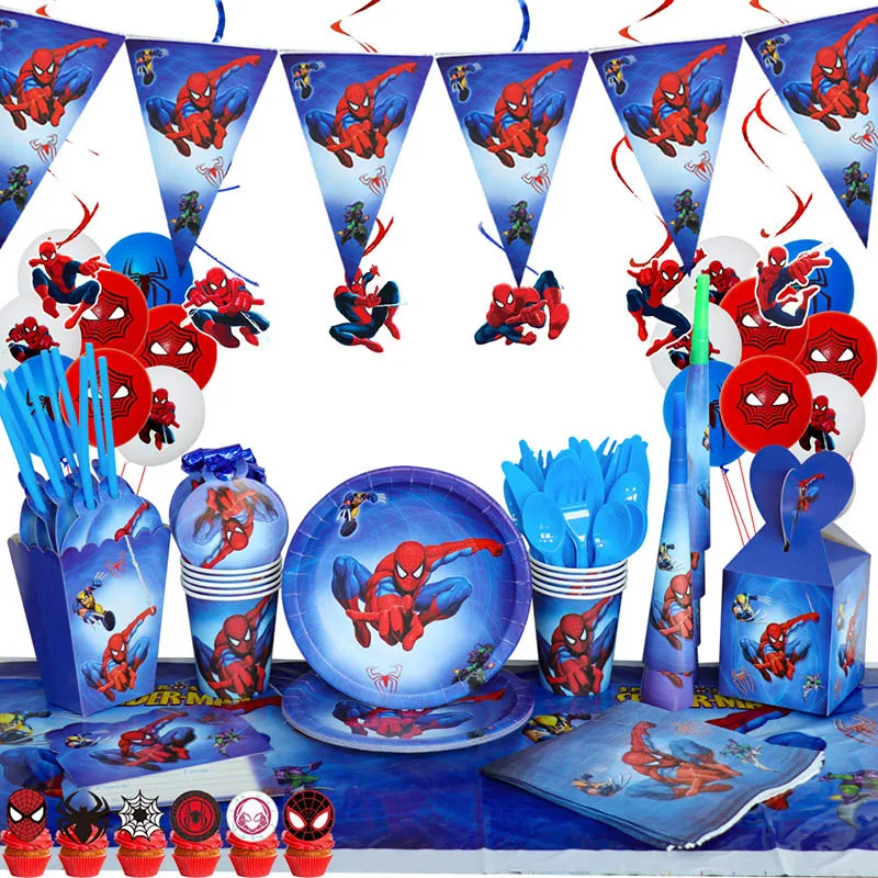 Decoraciones de fiesta de cumpleaños de SpiderMan para niños, globos de papel de aluminio de látex, tema de araña, suministros para eventos, vajilla