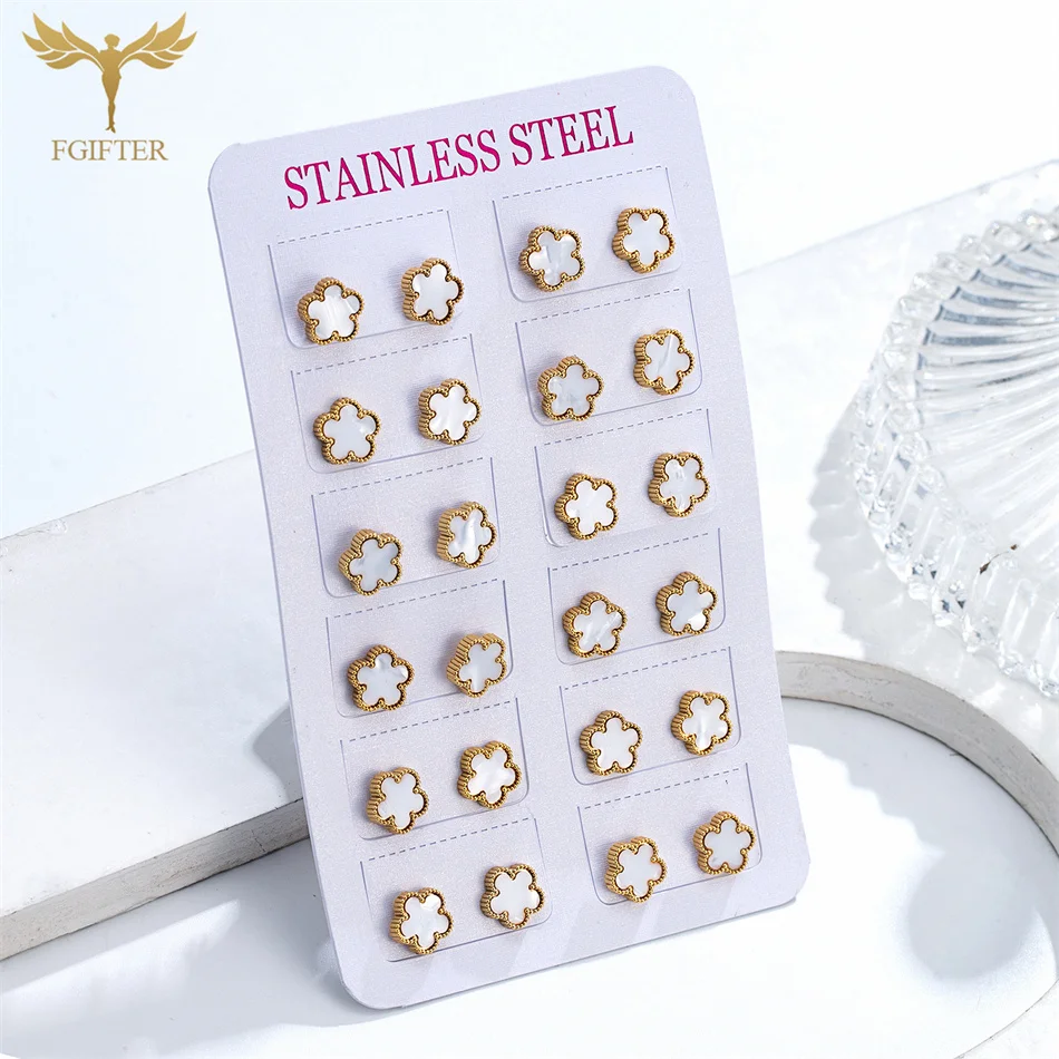 12 Pairs Luxury Golden Stainless Steel Stud Earrings Get Thin Pearl Sheet White Flower Earrings Women Fashion Jewelry Wholesale