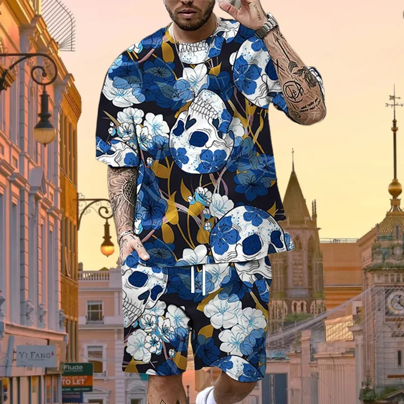 

2025/26 New Latest T-shirt Set 3D Printed Skull Vacation Style Various Elements Fashion Trend Street Men's Set Summer Top Shorts